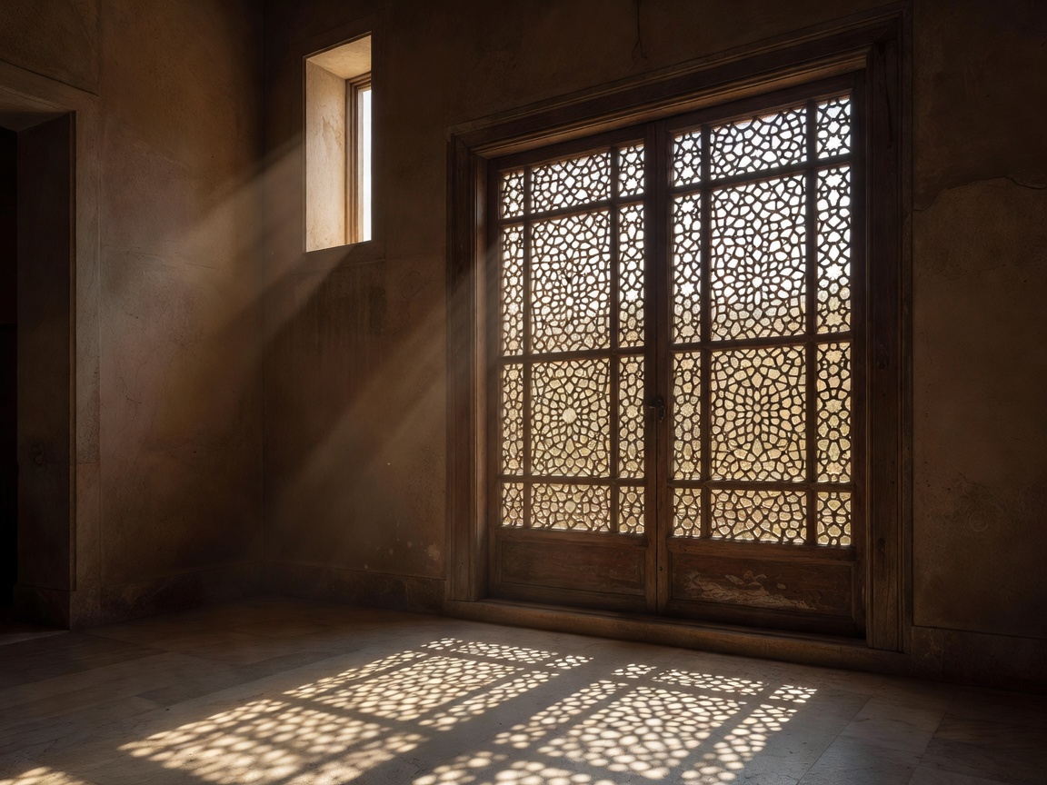 Daylight entering a private courtyard through a high opening beside a screened facade