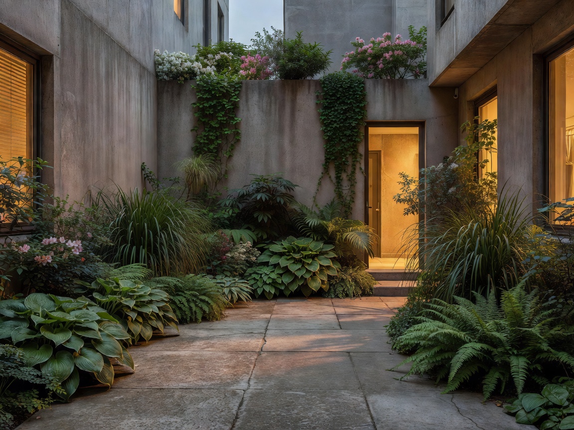 Enclosed urban courtyard with concrete surfaces, layered planting and warm light from the adjoining home