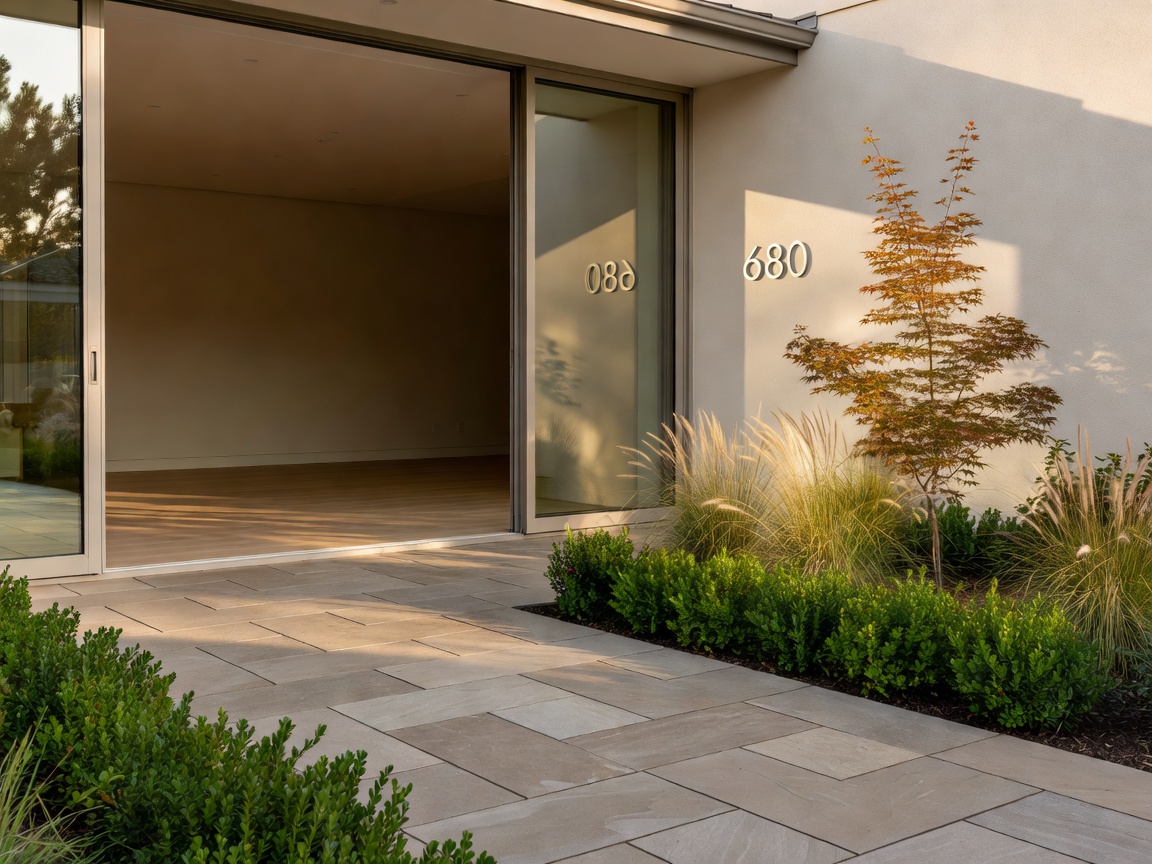 Existing home opening toward a renovated side courtyard with new paving and planting