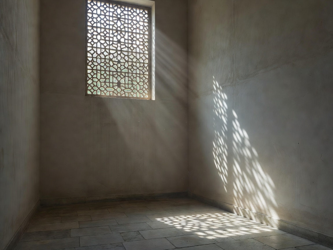 Filtered daylight reaching a private courtyard through a high opening and architectural screen