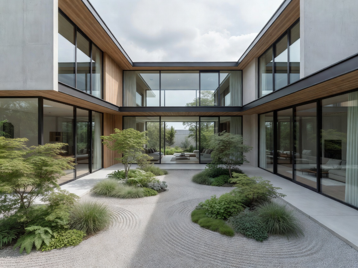 Modern courtyard home arranged around a sheltered garden, with glazed rooms facing the open center