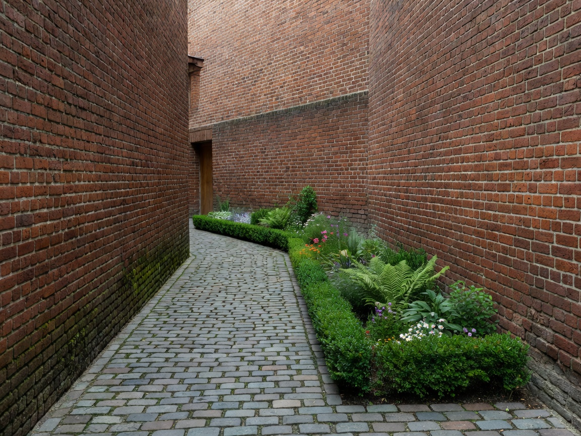 Narrow urban courtyard with adjoining walls, a defined walking route and planted boundary
