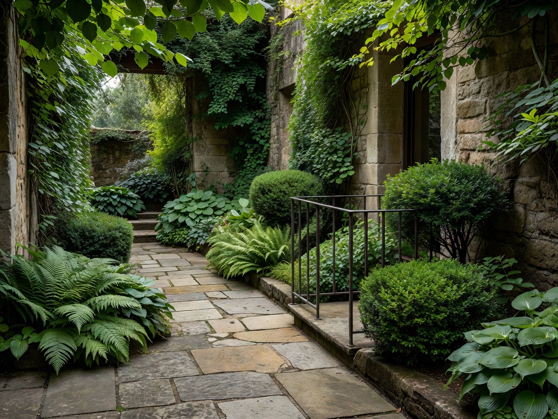 Sheltered courtyard with textured stone paving, layered greenery and a restrained metal detail
