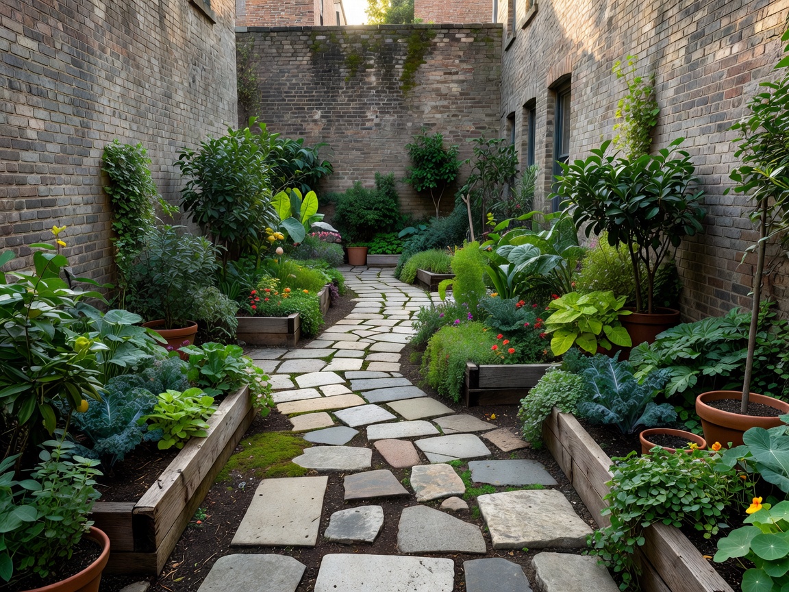 Urban garden bounded by neighboring walls with a clear stone circulation route